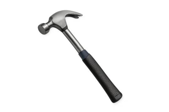Hammer with metal head and black grip handle for carpentry, PNG transparent background
