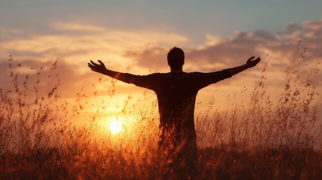 Man standing in field with outstretched arms at sunset. Freedom, success, and spirituality concept. Nature background for mindfulness and well being.