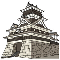 Kumamoto Castle Vector Illustration Reconstructed Towers. Perfect for tourism posters, cultural branding, history education