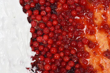 A detailed horizontal close-up shot shows a layer of bright red currants and sauce on a baked crust, partially topped with a thick, white layer of meringue