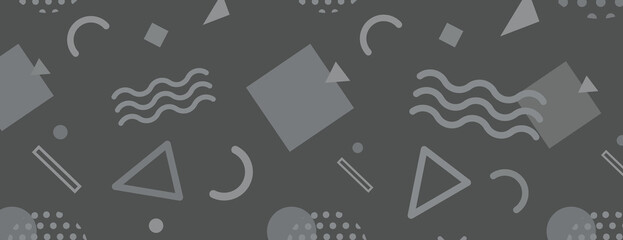 Fototapeta premium Dark gray background with geometric shapes. The background features gray triangles, circles, and lines, creating a modern, abstract texture. Fun memphis pattern background. Gray background vector.
