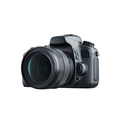 Fototapeta premium A sleek, dark-grey DSLR camera with a large, professional lens, angled slightly to the right, isolated on a black background