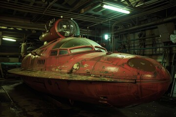Old rusty spaceship resembling a submarine is stored in a dark hangar waiting for restoration