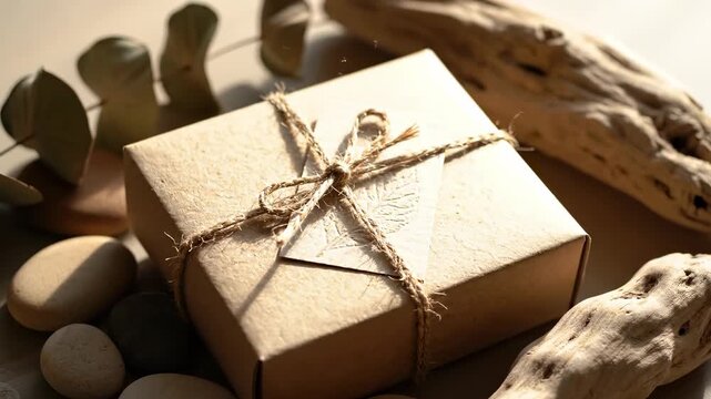 Elegantly Wrapped Christmas Gift with Rustic Charm and Natural Elements for a Festive and Peaceful Ambiance