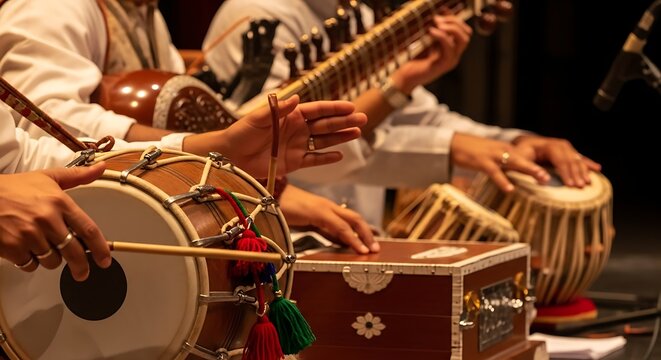 Indian music performance with sitar, tabla, harmonium and dhol drums