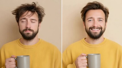 A sleepy man with messy hair and closed eyes before drinking coffee, and the same man smiling brightly after drinking coffee.
