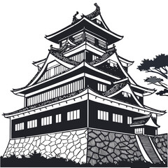Okayama Castle Vector Illustration Black Fortress. Perfect for cultural posters, heritage branding, travel merchandise