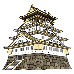 Osaka Castle Vector Illustration Golden Fortress. Perfect for Japanese travel branding, cultural tourism designs, educational materials