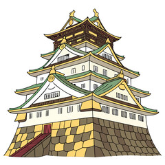 Osaka Castle Vector Illustration Golden Fortress. Perfect for Japanese travel branding, cultural tourism designs, educational materials