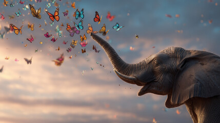 Adorable elephant playfully interacting with butterflies, sunset in the background, freedom concept
