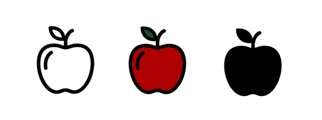 Three Apple Icons in Outline, Color, and Silhouette Style Depicting Fresh Fruit