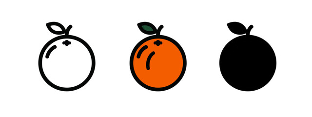 Three Orange Fruit Icons in Outline, Colored Fill, and Silhouette Designs