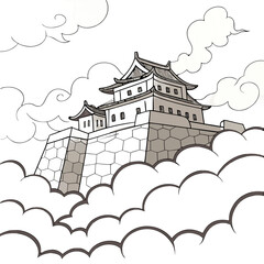 Takeda Castle Ruins Vector Illustration in Clouds. Perfect for mystical travel posters, heritage branding, fantasy-themed designs
