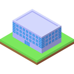 Isometric Modern Building with Light Blue Roof and Blue Windows on Green Grass Field Digital Art Illustration