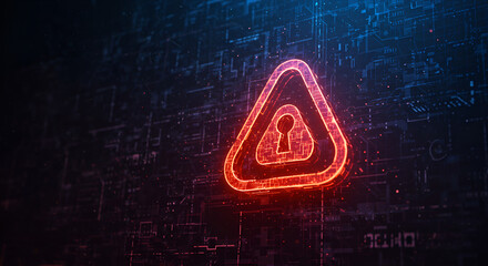 Cybersecurity and digital risk alert, a red neon warning triangle symbol with a padlock icon on an electronic circuit board background, indicating danger, malware threat, or data breach