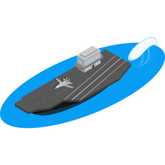 Isometric naval aircraft carrier at sea with fighter jet on deck and white building on top light blue water and white wave detail