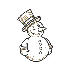 Retro Line Art Smiling Snowman with Top Hat. Minimalist Christmas Holiday Winter Season Vector Illustration. Festive Character Icon Design Element.