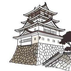 Uwajima Castle Vector Illustration by the Sea. Perfect for coastal travel branding, heritage projects, Japanese history designs