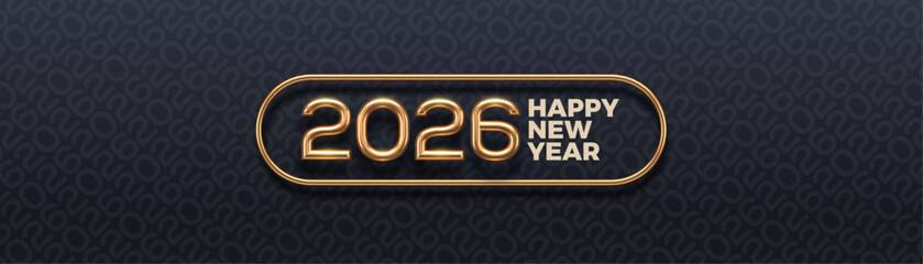 Luxury Happy New Year 2026 Golden 3D Text with Elegant Frame on Dark Patterned Background Vector Illustration.