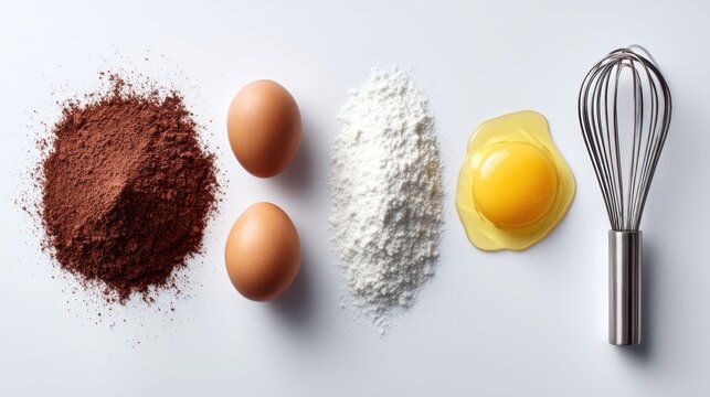 Baking ingredients arranged on a white surface, ready for a recipe