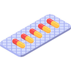 Isometric Medicine Capsules In Blister Pack With Grid Pattern Blue Plastic Packaging Containing Red And Yellow Pills Healthcare And Pharmaceutical Concept