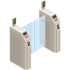 Modern Security Turnstile Gates With Transparent Glass Barriers And Upward Arrow Indicators On A Clean White Background