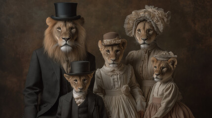 Formal Vintage Portrait of a Victorian Lion Family with Three Cubs