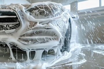 Modern vehicle undergoing cleaning with thick foam at professional car wash, emphasizing car care and maintenance