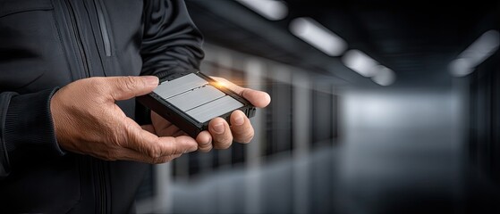 Technician holds advanced data storage device in a modern server room during a routine inspection for efficient technology management