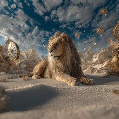 Majestic Lion Resting on Sand Surrounded by Floating Antique Clocks