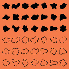 Abstract shapes on orange background. Black shapes and outlines create abstract patterns. Abstract shapes vary in form, adding visual interest. Black shape vector set.
