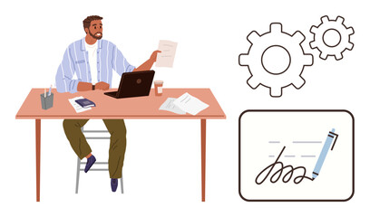 Man working at desk holding a document, with laptop and papers, alongside depicted gears and signature pad. Ideal for business, productivity, innovation, teamwork, planning, workflow organization