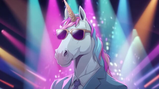 cool party unicorn with sunglasses on colorful disco background animation