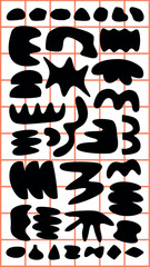 Abstract black shapes on a red grid background. Bold abstract forms, black shapes, and grid pattern create a striking visual. Abstract art with bold shapes. Funky shapes vector set.