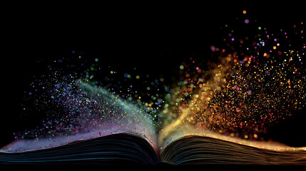 An open book releasing colorful particles that swirl upward against a dark background. A magic spark