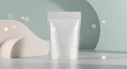 White Stand-up Pouch with Faint Contents on Pastel Abstract Background with Bokeh Lights