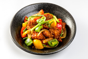 Crispy fried chicken, sweet and sour on white background