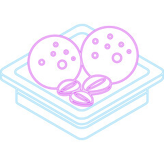 Neon outline of two round cookies and three coffee beans on a square plate with a transparent background in isometric view