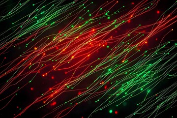Abstract glowing light trails in red and green.