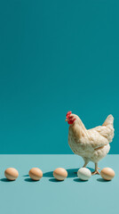 White Chicken Standing Next to Eggs Against a Bright Teal Background, advertisement concept