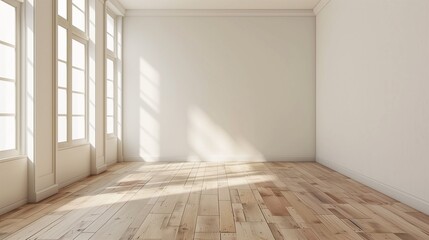 Obraz premium Empty minimalist living room interior, clean walls, wooden flooring, bright natural light, perfect mockup background.