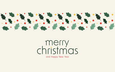 Merry Christmas banner. Christmas holly berry leaves isolated. Cute holly isolated. Vector illustration. Template.