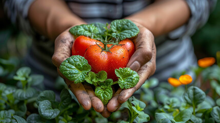 Freshly picked tomatoes held in hands. (1)