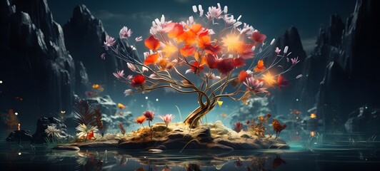 A coconut tree , a small creature made of glass that is sitting in the palm of your hand,generative AI