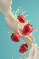 Fresh Strawberries with Creamy Milk Splash on a bright teal background, a perfect Food Photography for advertisement posters