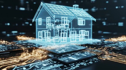 A digital house outline superimposed on a circuit board, hinting at smart home tech - Powered by Adobe