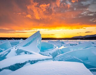 Icy lake landscape with fractured ice and fiery sunset sky