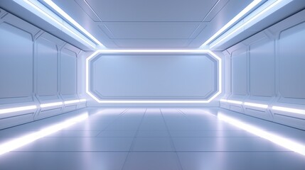Obraz premium Futuristic sterile brightly lit laboratory or spaceship corridor with glowing white light panels