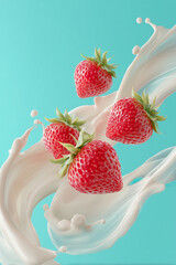 Fresh Strawberries with Creamy Milk Splash on a bright teal background, a perfect Food Photography for advertisement posters