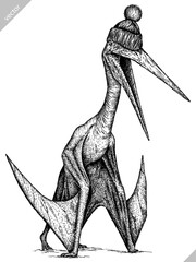 Vintage engraving isolated pterosaur glasses dressed fashion set illustration pterodactylus ink sketch. Flying dinosaur background silhouette Jurassic sunglasses hipster hat art. Vector image